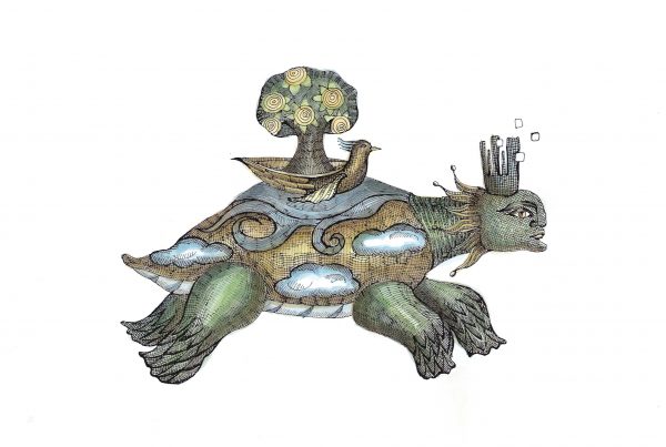 Dibujo de la Tortuga Reina por Rosamar Corcuera para el libro Noé delirante de Arturo Corcuera
